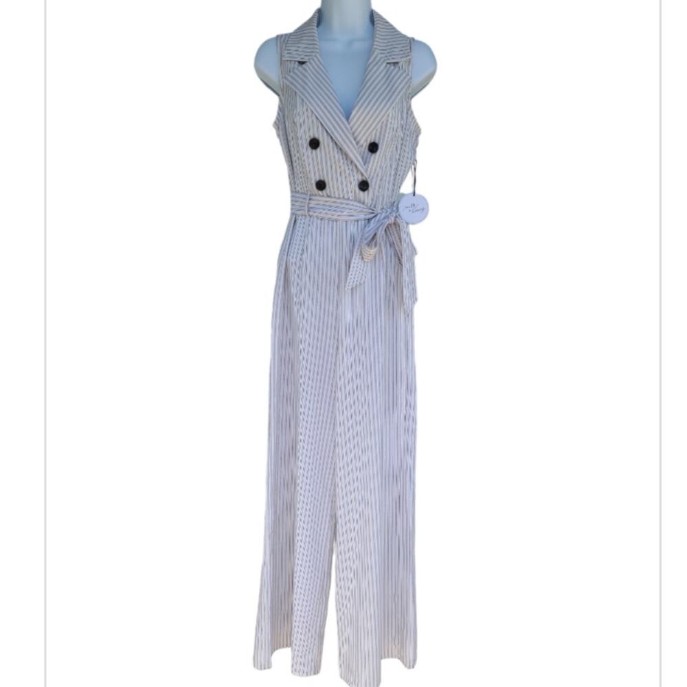 NWT Milk & Honey Pinstripe Wide Leg Jumpsuit S Black White Workwear Tailored